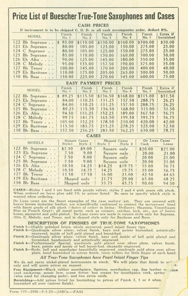 Buescher saxophone prices and options - 1920's